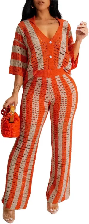 Women Summer Crochet Sets 2 Piece Hollow Out Knit Short Sleeve Button Down Shirt and Pants Vacation Outfits