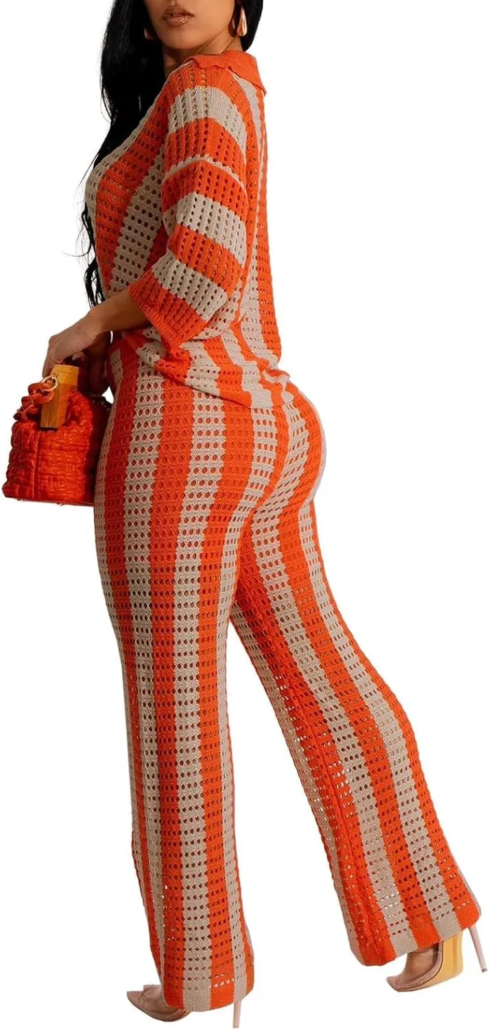 Women Summer Crochet Sets 2 Piece Hollow Out Knit Short Sleeve Button Down Shirt and Pants Vacation Outfits