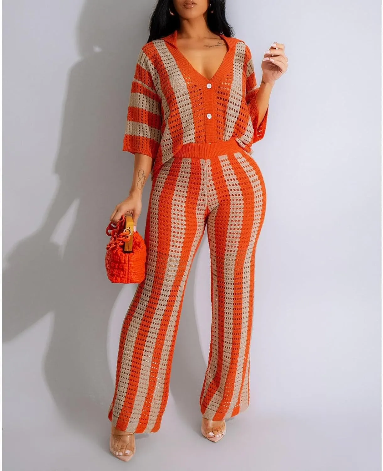 Women Summer Crochet Sets 2 Piece Hollow Out Knit Short Sleeve Button Down Shirt and Pants Vacation Outfits