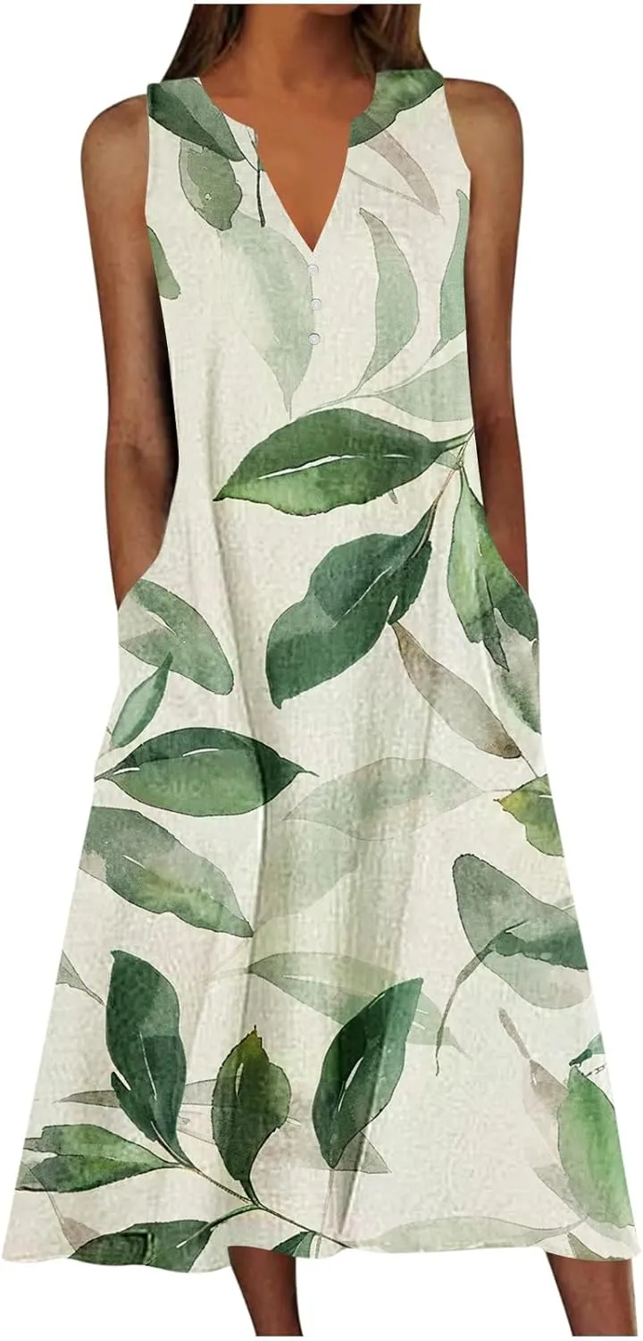 Women Summer Dresses Sleeveless Tshirts Dress Casual Loose Henry Button Neck Dress Flowy Swing Sundresses with Pockets