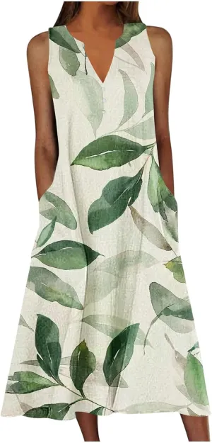 Women Summer Dresses Sleeveless Tshirts Dress Casual Loose Henry Button Neck Dress Flowy Swing Sundresses with Pockets