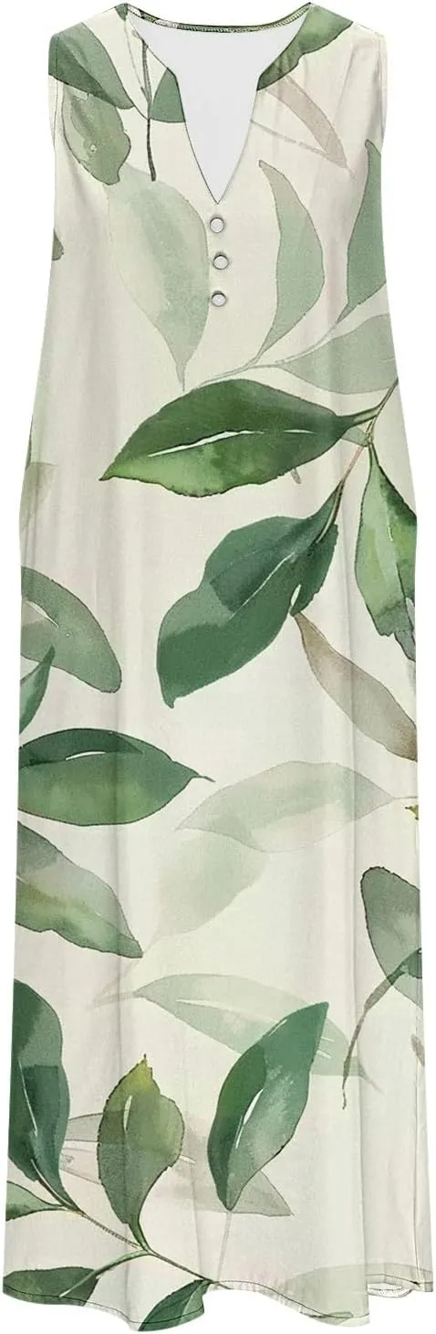 Women Summer Dresses Sleeveless Tshirts Dress Casual Loose Henry Button Neck Dress Flowy Swing Sundresses with Pockets