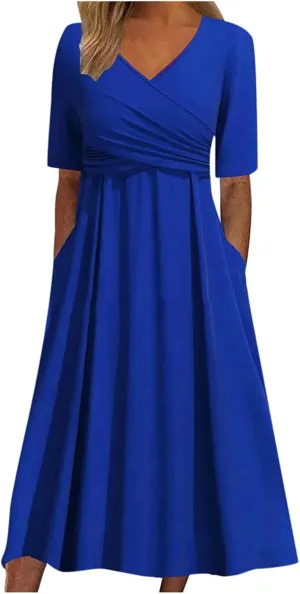 Women Summer Short Sleeve Casual Dresses V-Neck Floral Party Dress with Pockets Vintage Short Sleeve Flared Midi Summer Dress