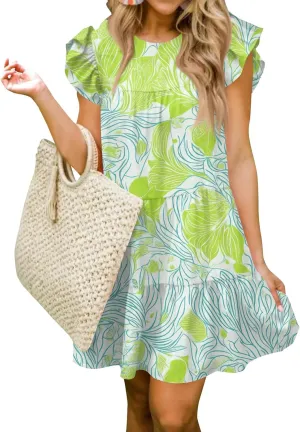Womens 2025 Floral Summer Dress Crewneck Ruffled Hem Geometric Print Sundress with Stretchy Waist Beach Vacations