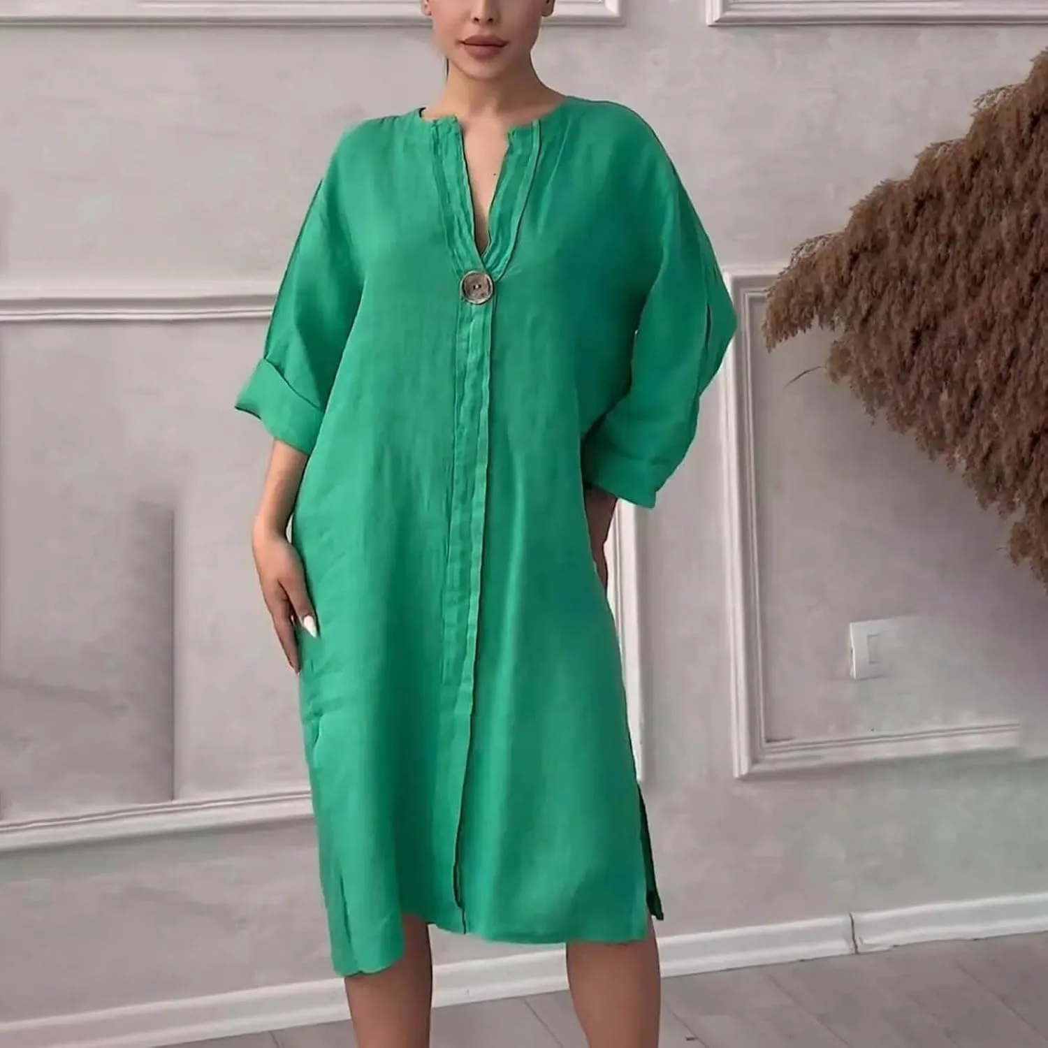 Womens Dresses 2025 Summer Half Sleeve V Neck Casual Dress Trendy Plus Size Split Hem Beach Midi Dresses with Pockets