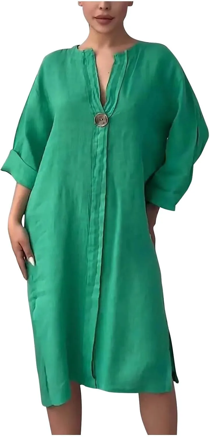 Womens Dresses 2025 Summer Half Sleeve V Neck Casual Dress Trendy Plus Size Split Hem Beach Midi Dresses with Pockets