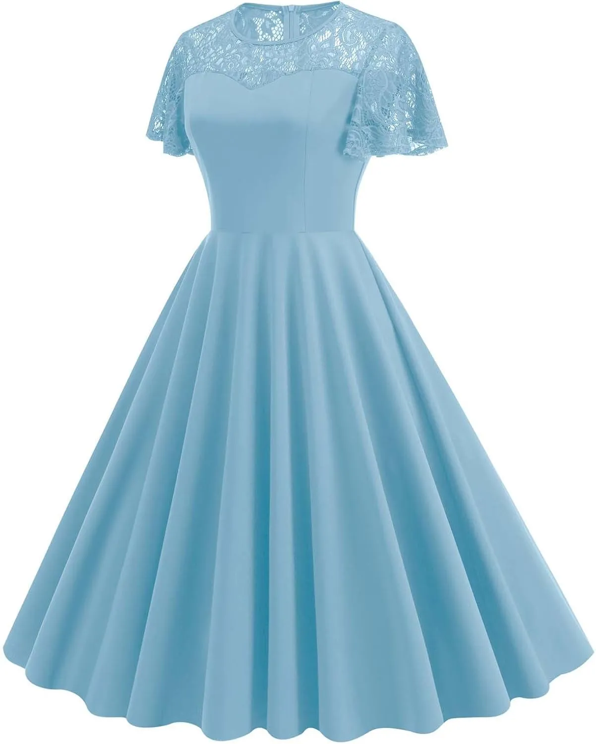 Womens Formal Dresses 1950s Mesh Floral Embroidery Vintage Cocktail Swing Ruffle Sleeve Midi Dress Prom Ball Gown