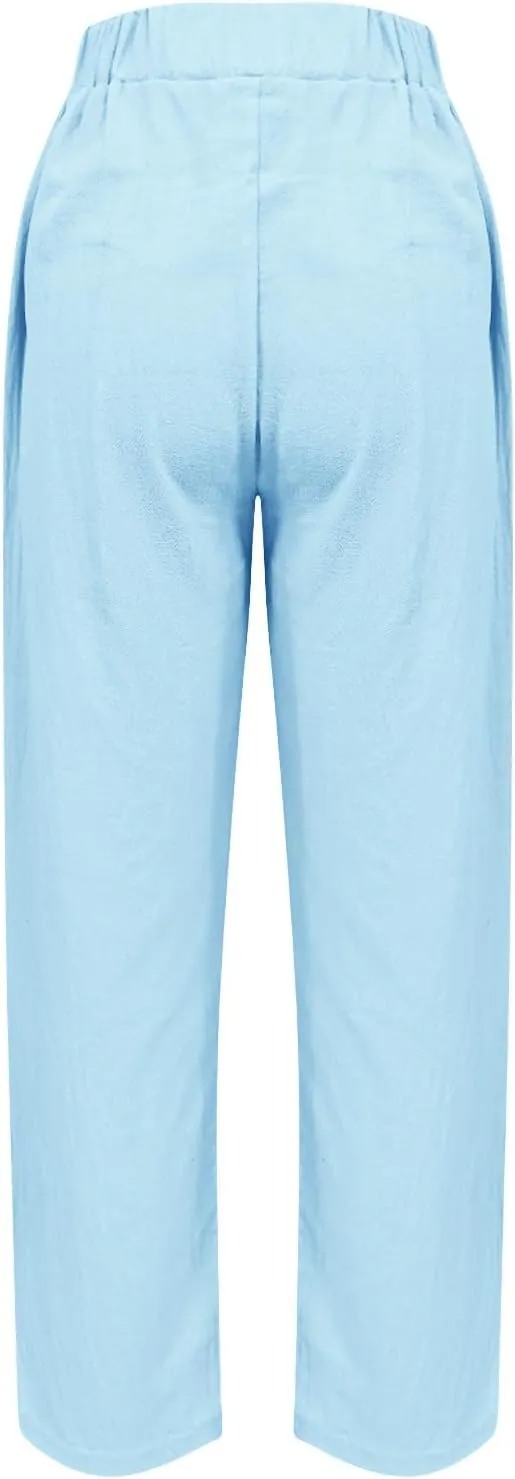 Womens Linen Pants Cropped Loose Elastic High Waisted Comfy Trousers Summer Lightweight Casual Straight Pant Pockets