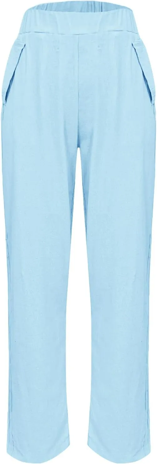 Womens Linen Pants Cropped Loose Elastic High Waisted Comfy Trousers Summer Lightweight Casual Straight Pant Pockets