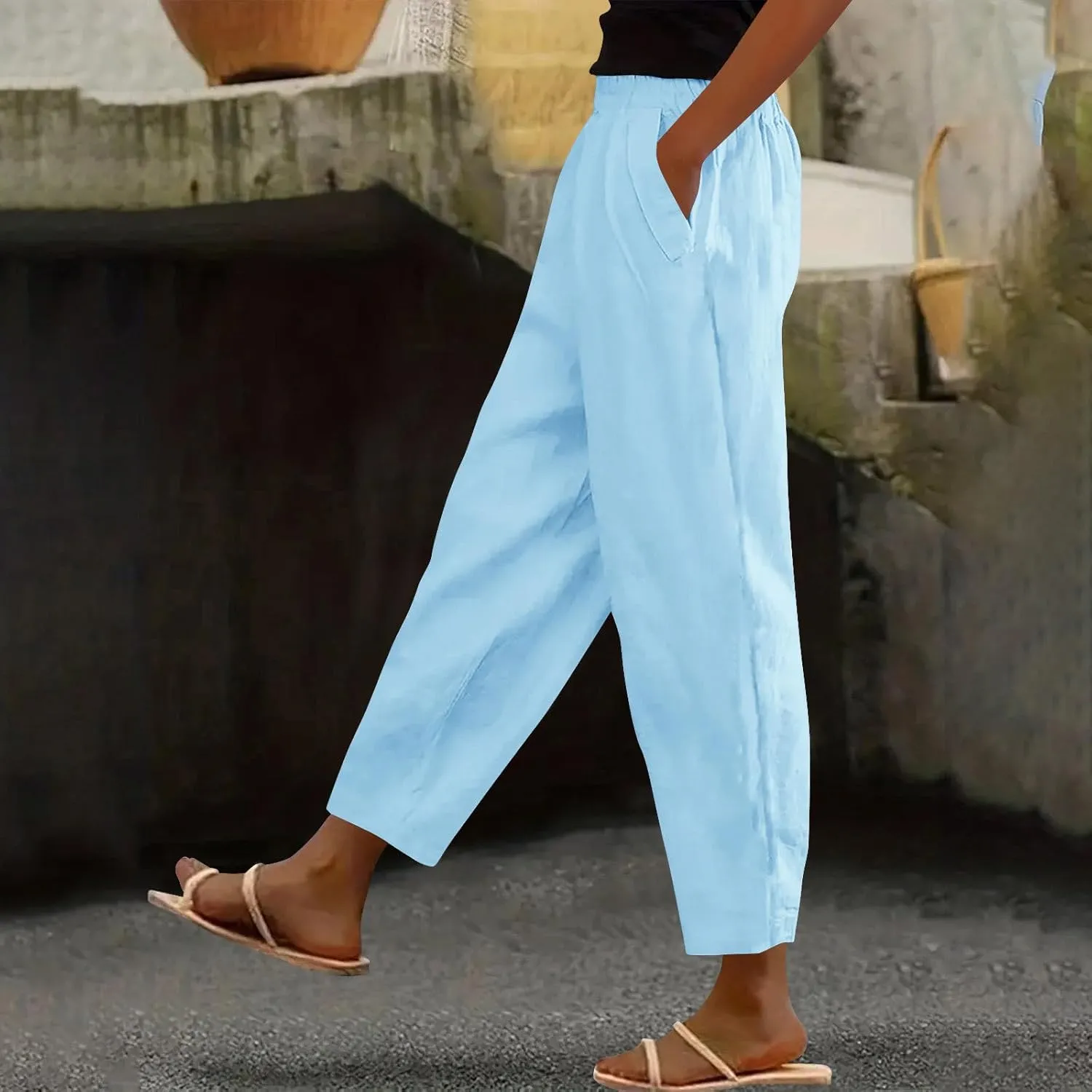 Womens Linen Pants Cropped Loose Elastic High Waisted Comfy Trousers Summer Lightweight Casual Straight Pant Pockets