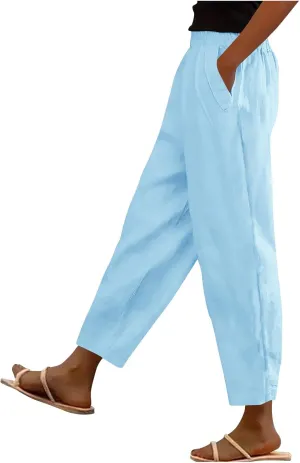 Womens Linen Pants Cropped Loose Elastic High Waisted Comfy Trousers Summer Lightweight Casual Straight Pant Pockets