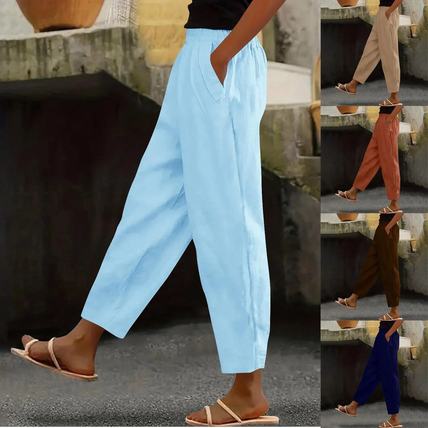 Womens Linen Pants Cropped Loose Elastic High Waisted Comfy Trousers Summer Lightweight Casual Straight Pant Pockets