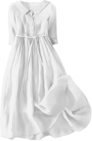 Women's Loose Cotton Linen Pleated Dress 3/4 Sleeve Tie Waist Solid Round Neck Lapel Button Midi Dress