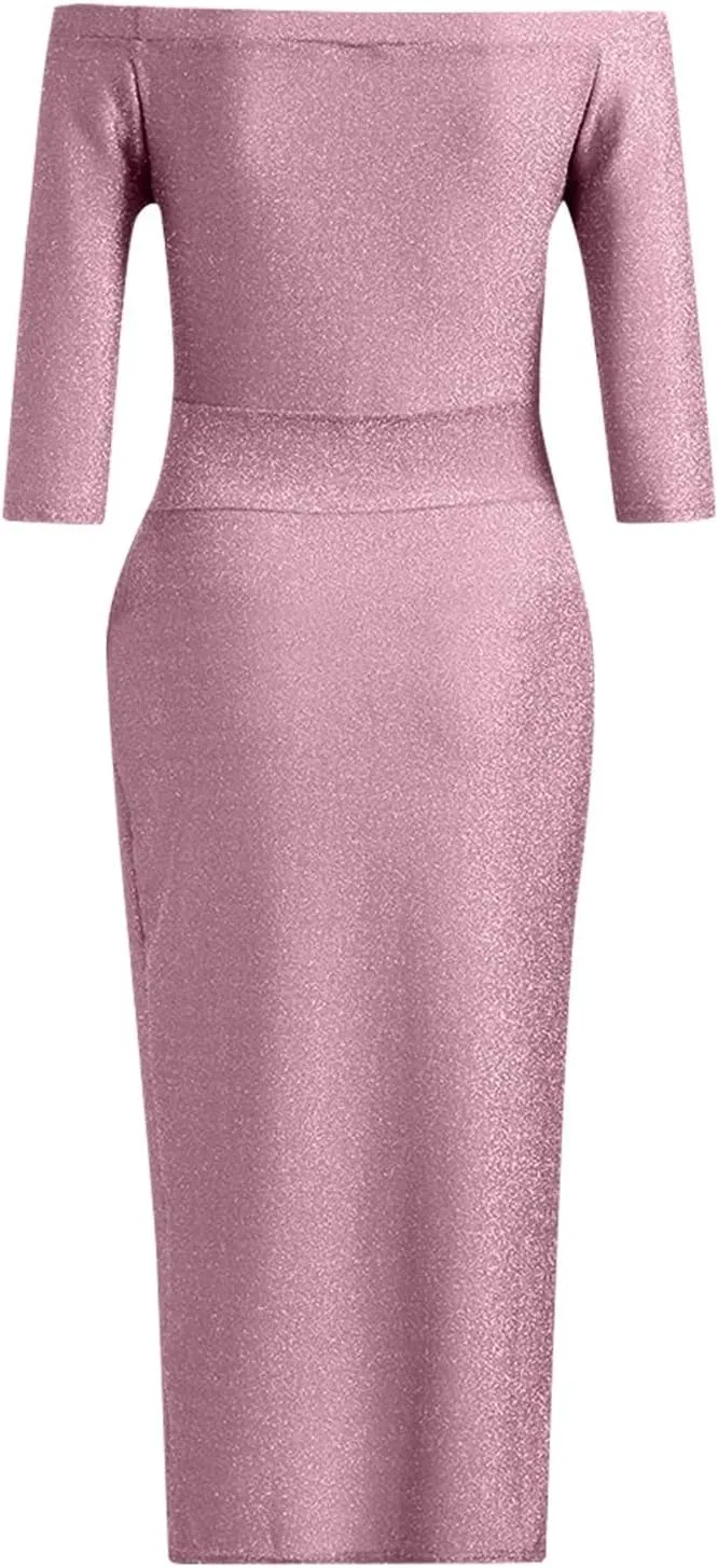 Women's Maxi Dresses 2024 Color Sequins Evening Gown Cold Shoulder Half Sleeve Split Party Cocktail Dresses, M-3XL