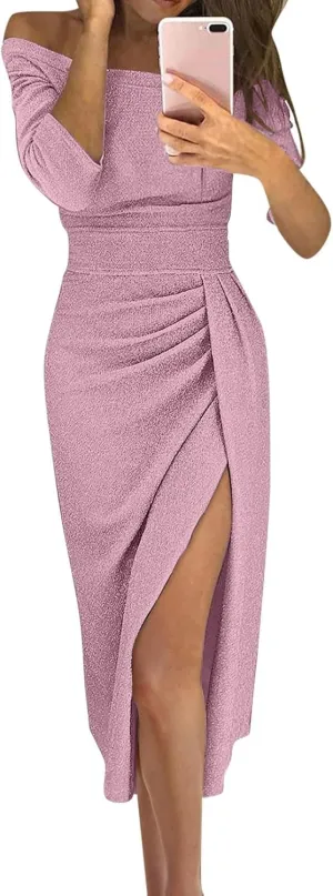 Women's Maxi Dresses 2024 Color Sequins Evening Gown Cold Shoulder Half Sleeve Split Party Cocktail Dresses, M-3XL