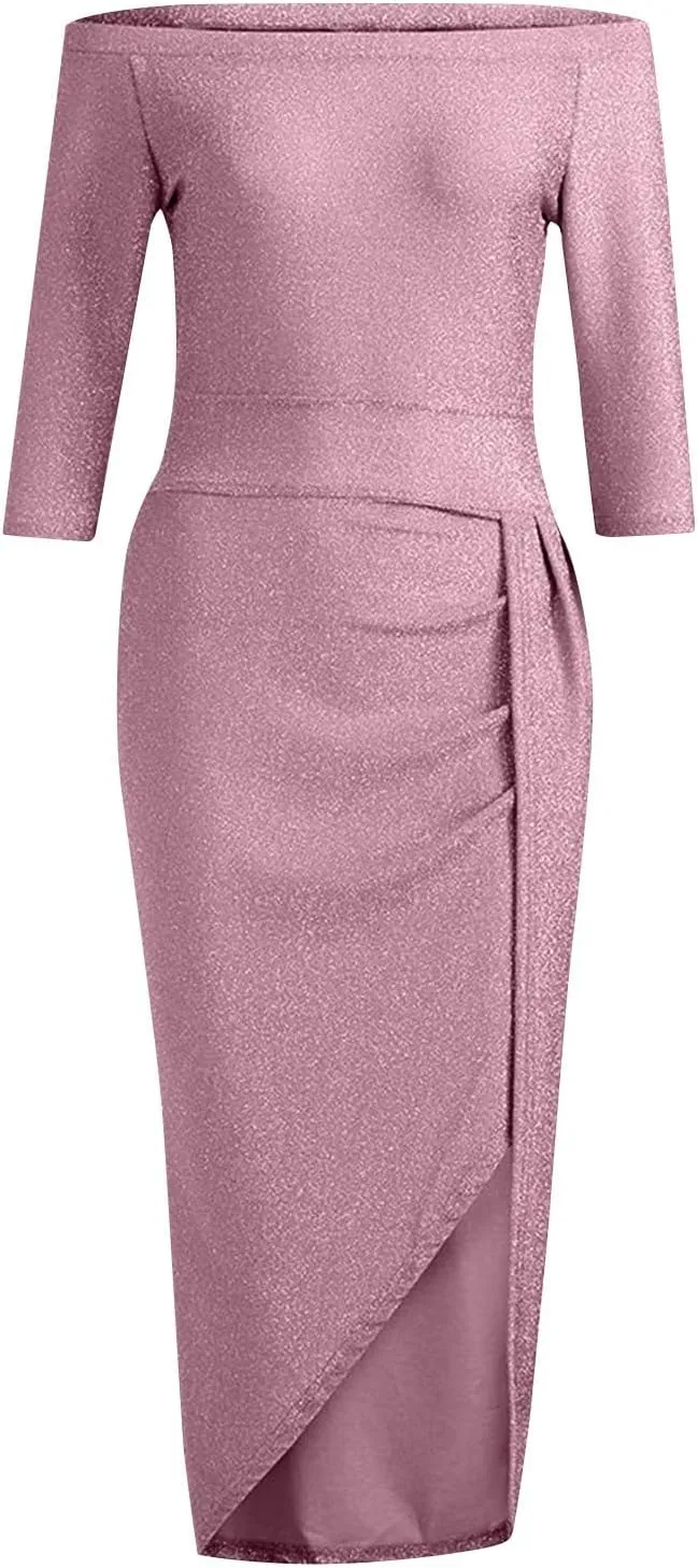 Women's Maxi Dresses 2024 Color Sequins Evening Gown Cold Shoulder Half Sleeve Split Party Cocktail Dresses, M-3XL