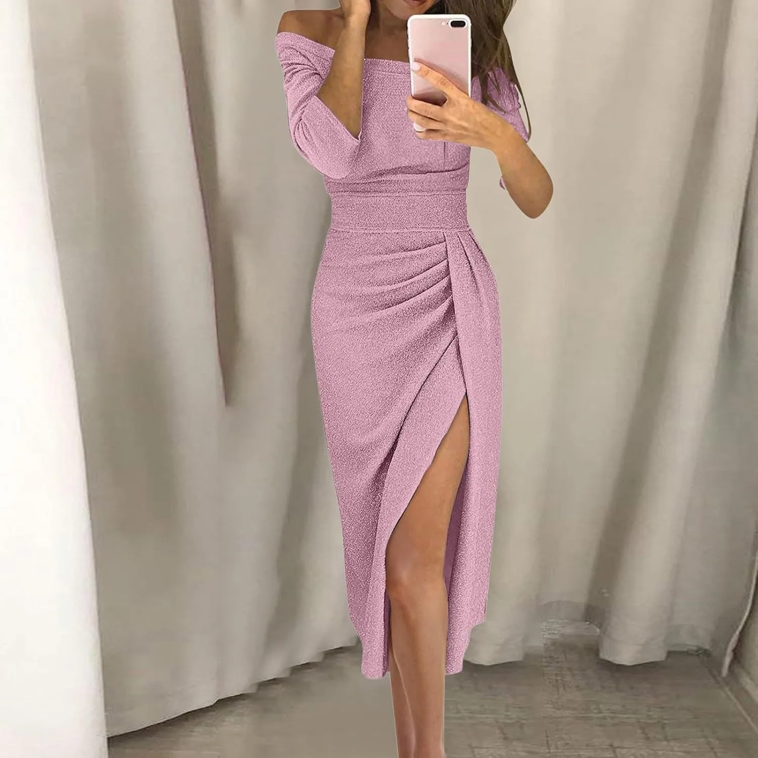 Women's Maxi Dresses 2024 Color Sequins Evening Gown Cold Shoulder Half Sleeve Split Party Cocktail Dresses, M-3XL
