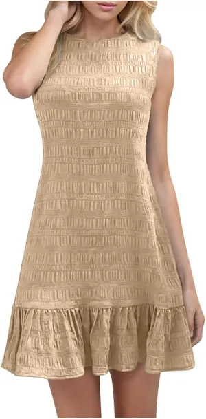 Women's Ruffle Hem Sleeveless Tank Dress Round Neck Casual Smock Summer Mini Dresses Ruffle Hem Sundress Casual Mini Dresses