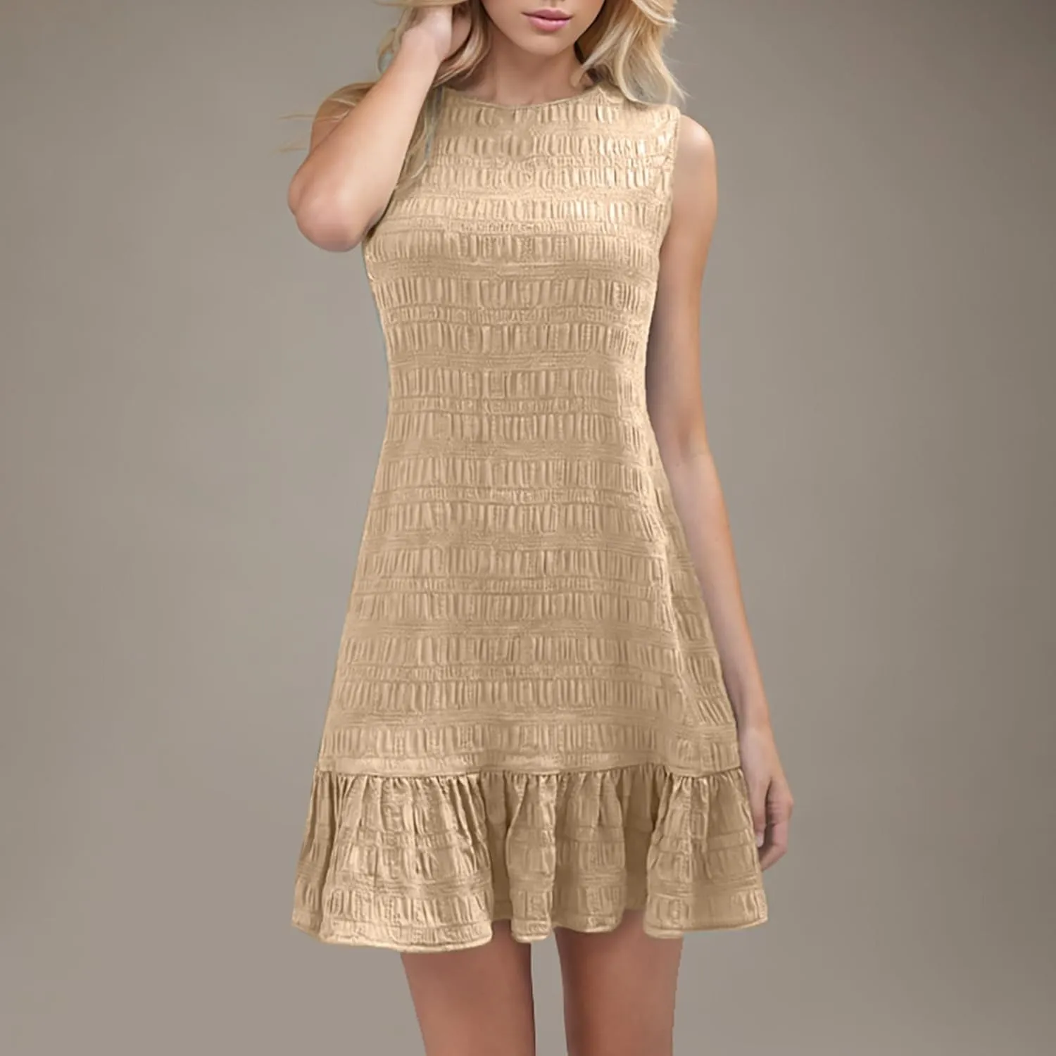 Women's Ruffle Hem Sleeveless Tank Dress Round Neck Casual Smock Summer Mini Dresses Ruffle Hem Sundress Casual Mini Dresses
