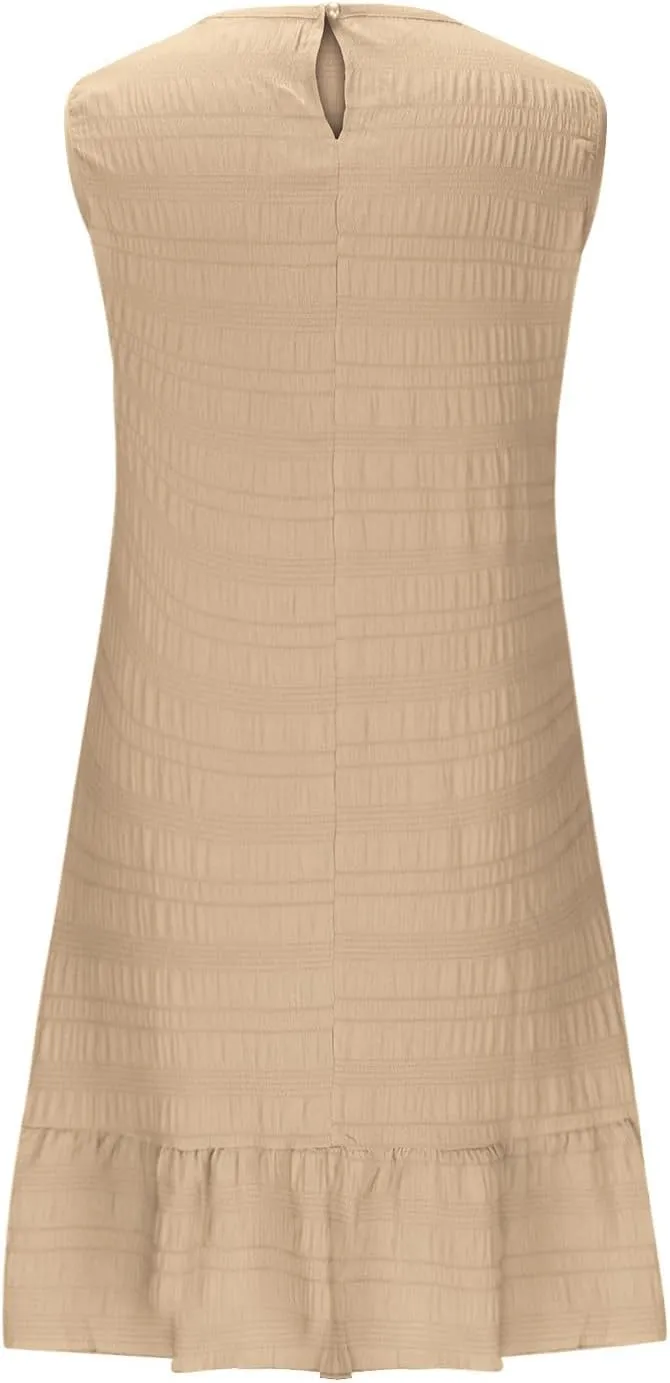 Women's Ruffle Hem Sleeveless Tank Dress Round Neck Casual Smock Summer Mini Dresses Ruffle Hem Sundress Casual Mini Dresses