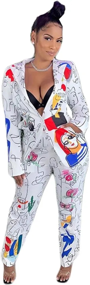 Womens Sexy 2 Pieces Graffiti Print Blazer Suit Pants Set Nightclub Tracksuit Outfit Set