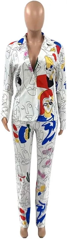 Womens Sexy 2 Pieces Graffiti Print Blazer Suit Pants Set Nightclub Tracksuit Outfit Set