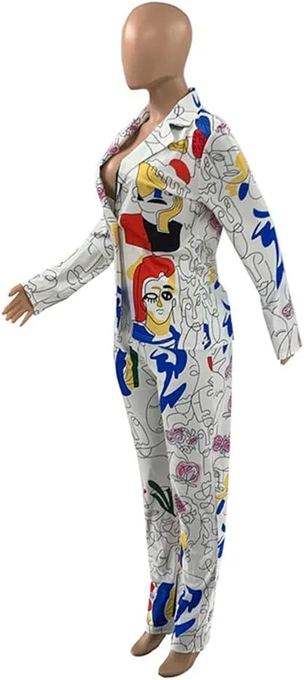 Womens Sexy 2 Pieces Graffiti Print Blazer Suit Pants Set Nightclub Tracksuit Outfit Set