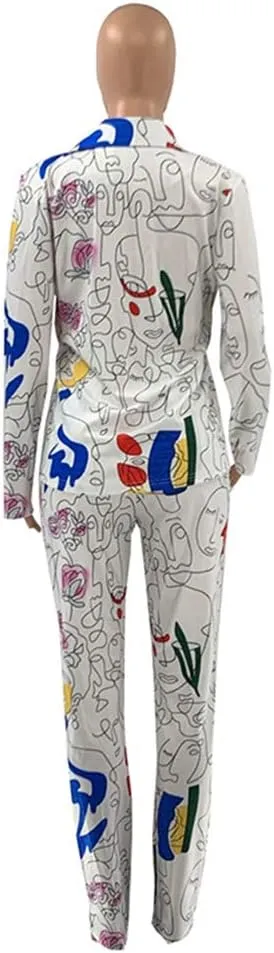 Womens Sexy 2 Pieces Graffiti Print Blazer Suit Pants Set Nightclub Tracksuit Outfit Set