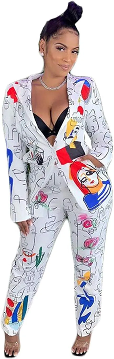Womens Sexy 2 Pieces Graffiti Print Blazer Suit Pants Set Nightclub Tracksuit Outfit Set
