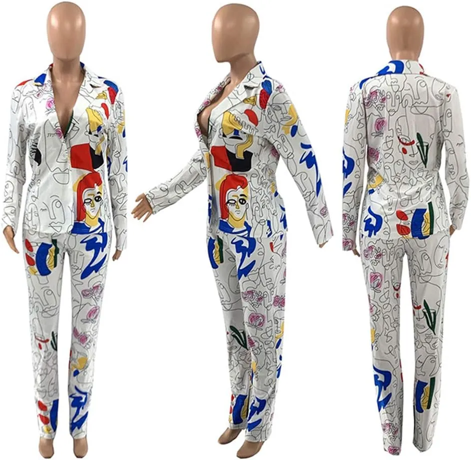 Womens Sexy 2 Pieces Graffiti Print Blazer Suit Pants Set Nightclub Tracksuit Outfit Set