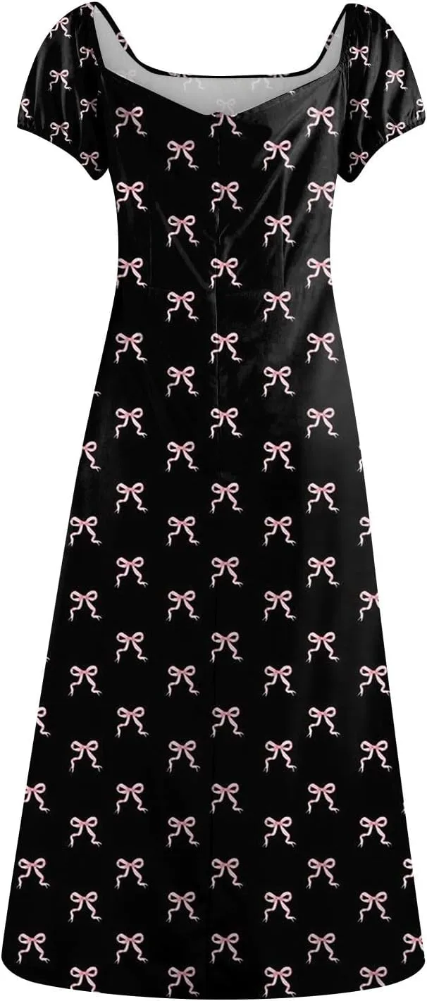 Women's Sexy Square Neck Short Sleeve Maxi Dress Bowknot Floral Print Prom Party Cocktail Dresses Plus, XS-3XL