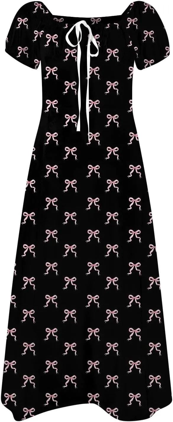 Women's Sexy Square Neck Short Sleeve Maxi Dress Bowknot Floral Print Prom Party Cocktail Dresses Plus, XS-3XL