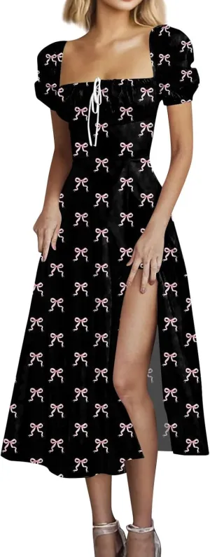 Women's Sexy Square Neck Short Sleeve Maxi Dress Bowknot Floral Print Prom Party Cocktail Dresses Plus, XS-3XL