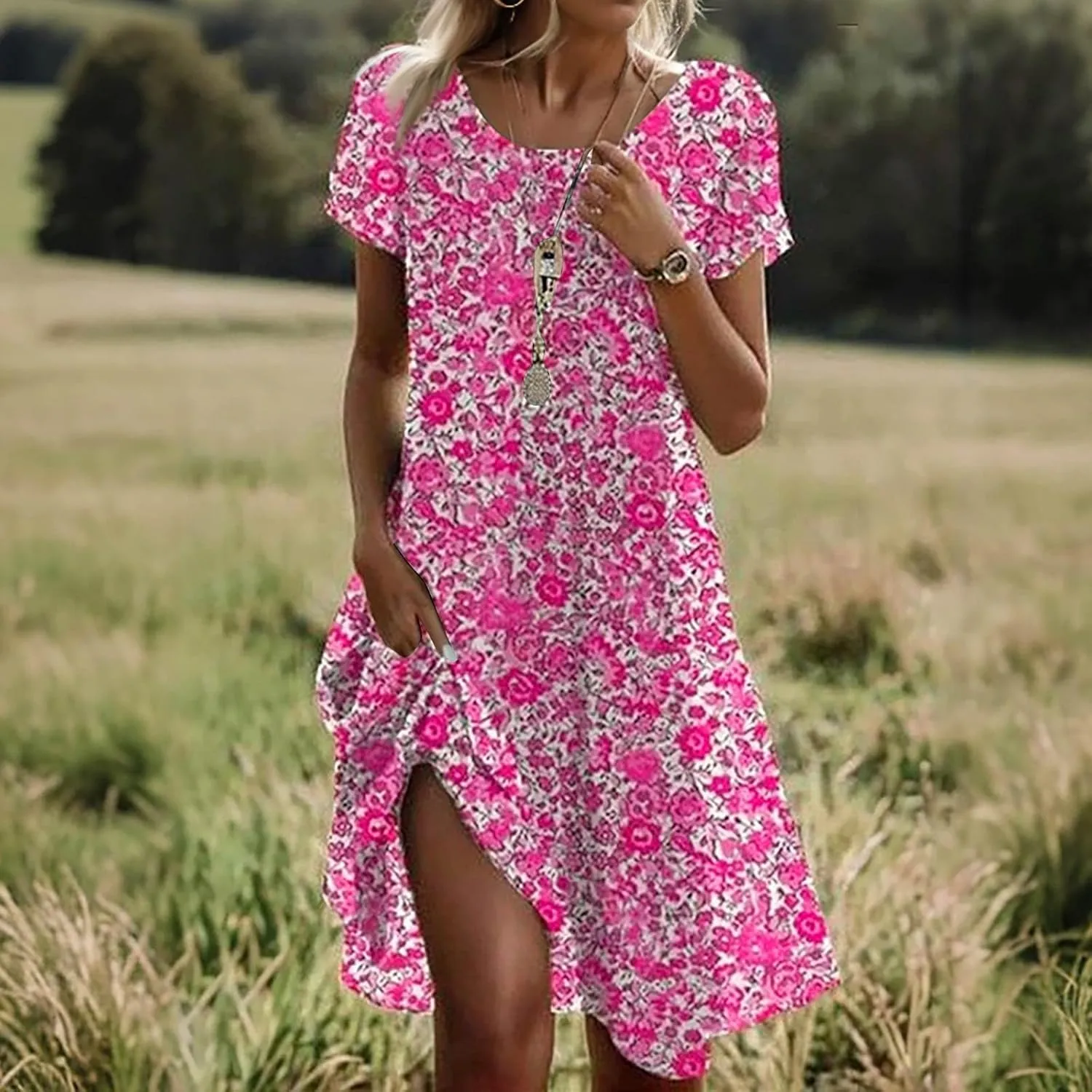 Women's Short Sleeve Summer Sundress with Pockets, Casual Loose Fit Floral Round Neck Knee Length Beach Dress