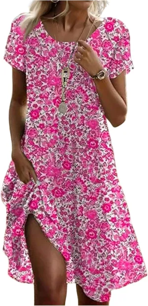 Women's Short Sleeve Summer Sundress with Pockets, Casual Loose Fit Floral Round Neck Knee Length Beach Dress