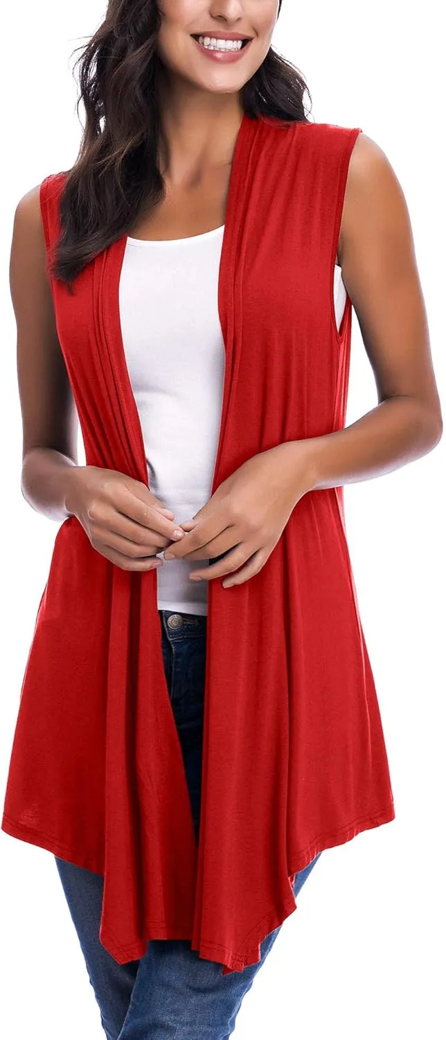Womens Sleeveless Open Front Draped Asymmetric Hem Cardigan Vest