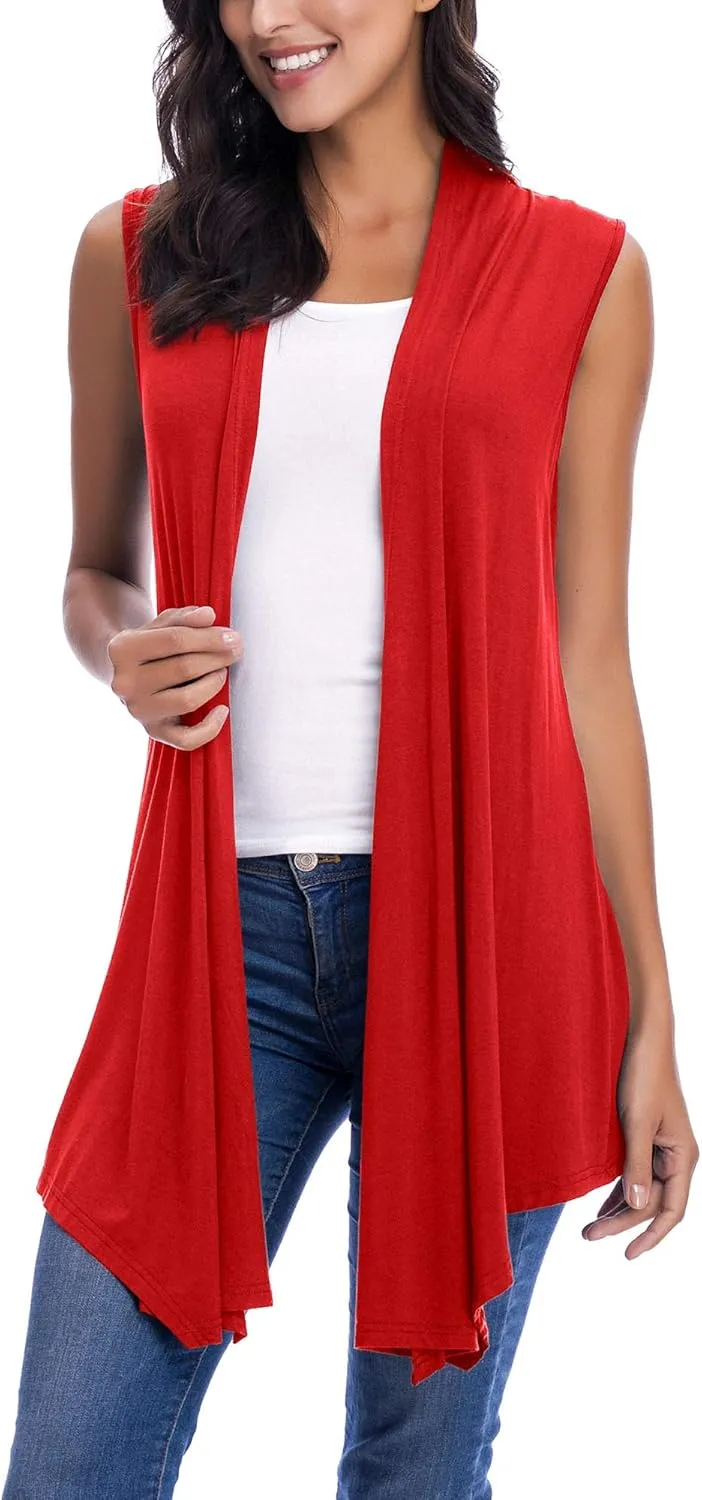 Womens Sleeveless Open Front Draped Asymmetric Hem Cardigan Vest