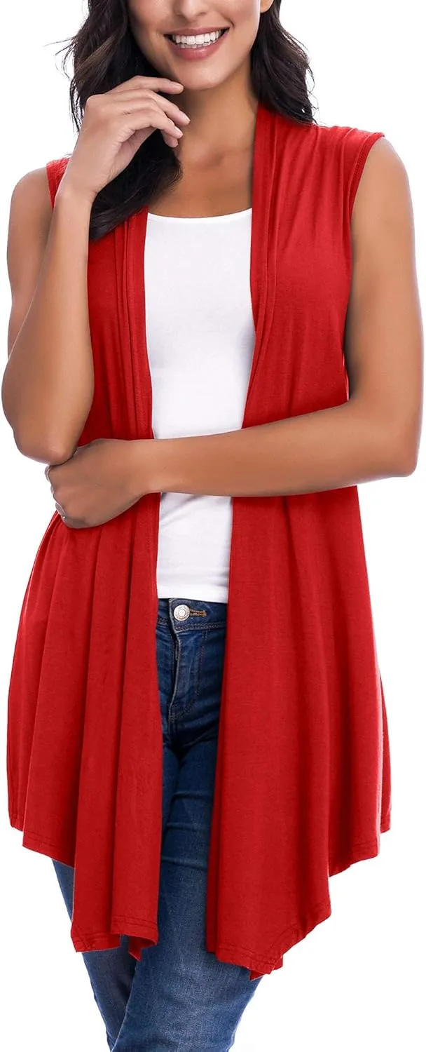 Womens Sleeveless Open Front Draped Asymmetric Hem Cardigan Vest