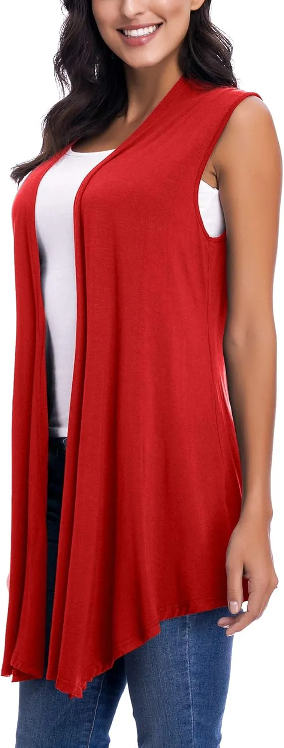 Womens Sleeveless Open Front Draped Asymmetric Hem Cardigan Vest