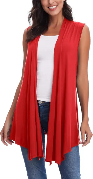 Womens Sleeveless Open Front Draped Asymmetric Hem Cardigan Vest
