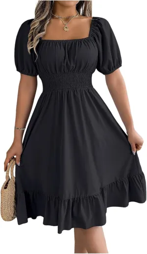 Women's Smocked Short Dress 2024 Casual Puff Short Sleeve Square Neck Ruffle Hem Midi Dress Beach Sundresses for Women