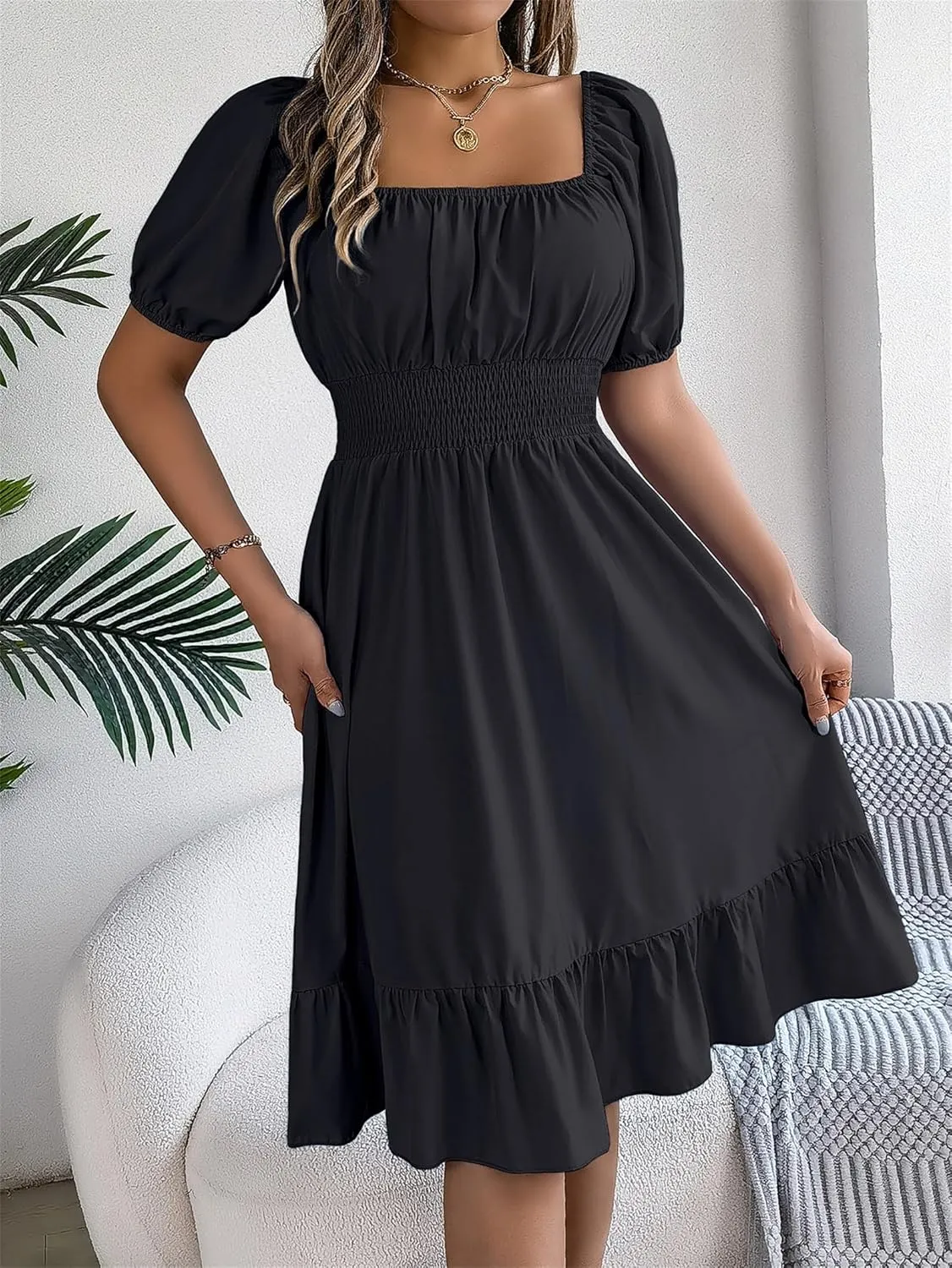 Women's Smocked Short Dress 2024 Casual Puff Short Sleeve Square Neck Ruffle Hem Midi Dress Beach Sundresses for Women