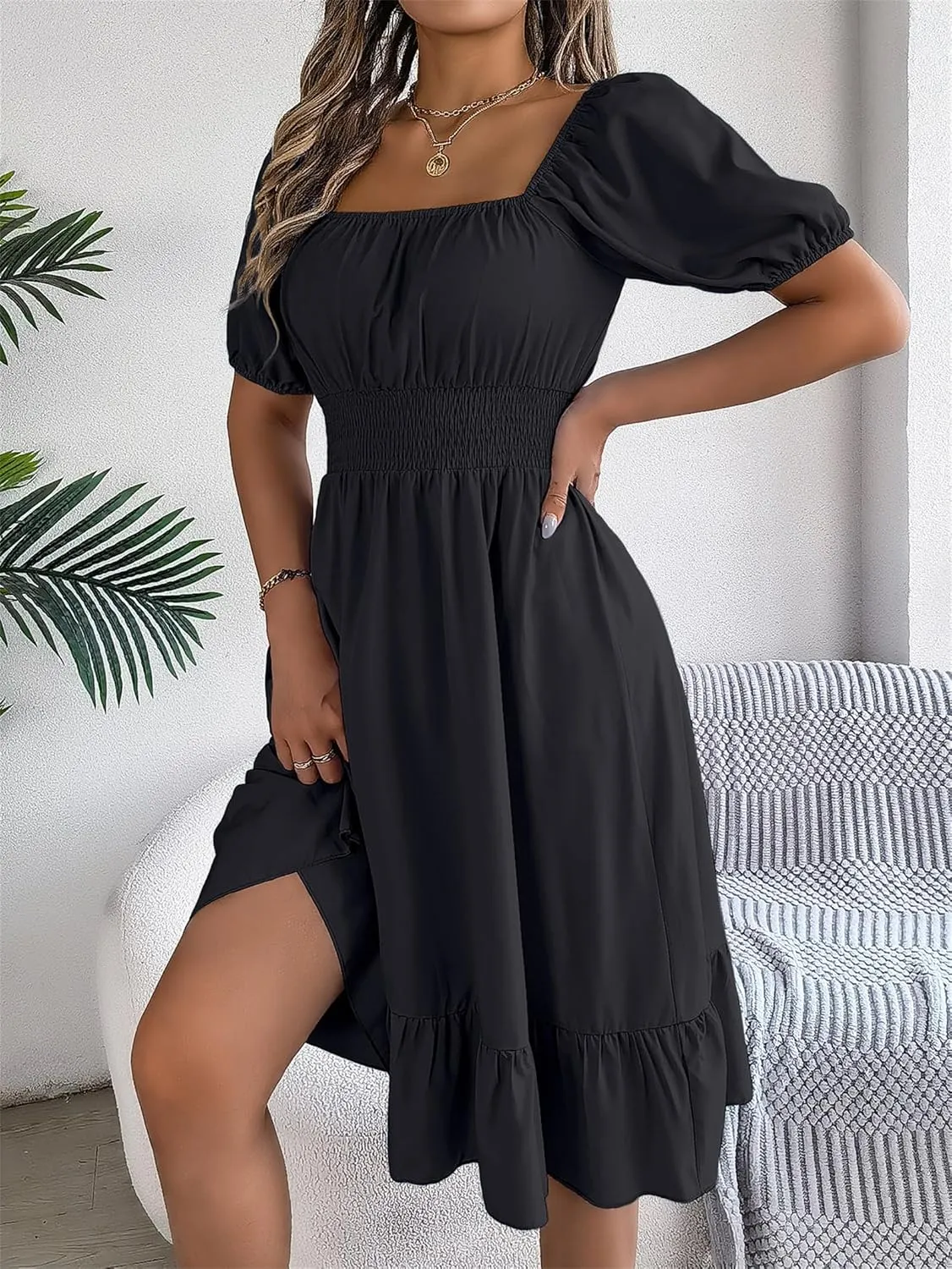 Women's Smocked Short Dress 2024 Casual Puff Short Sleeve Square Neck Ruffle Hem Midi Dress Beach Sundresses for Women