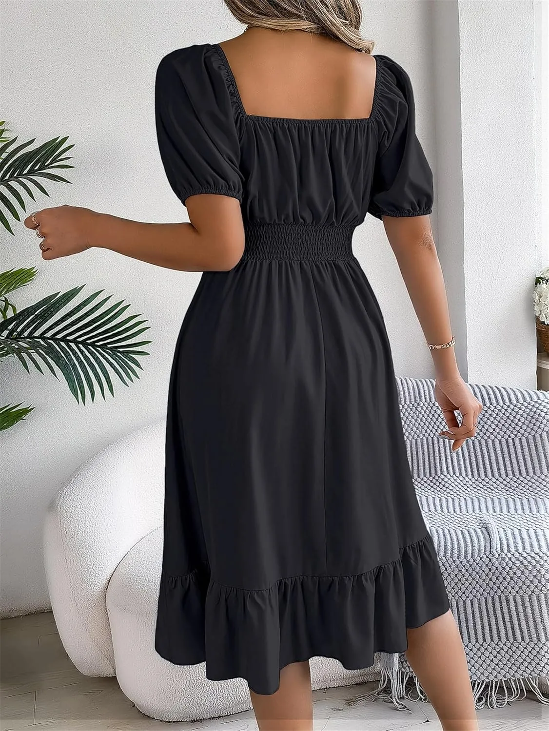 Women's Smocked Short Dress 2024 Casual Puff Short Sleeve Square Neck Ruffle Hem Midi Dress Beach Sundresses for Women