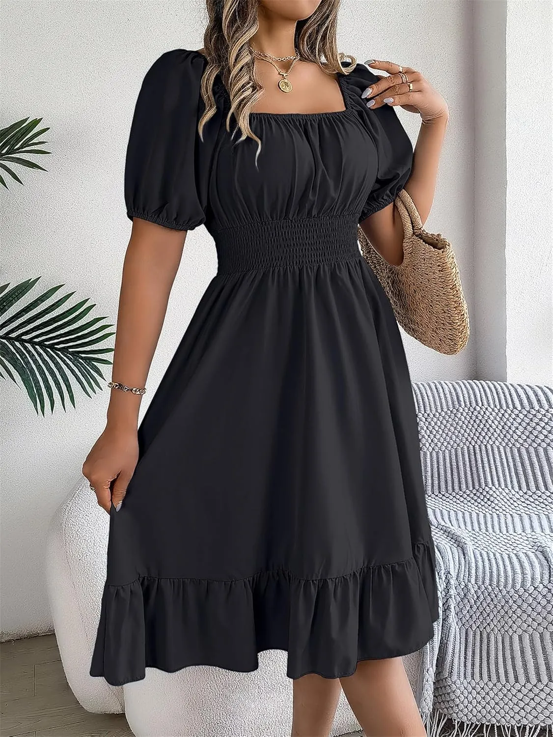 Women's Smocked Short Dress 2024 Casual Puff Short Sleeve Square Neck Ruffle Hem Midi Dress Beach Sundresses for Women