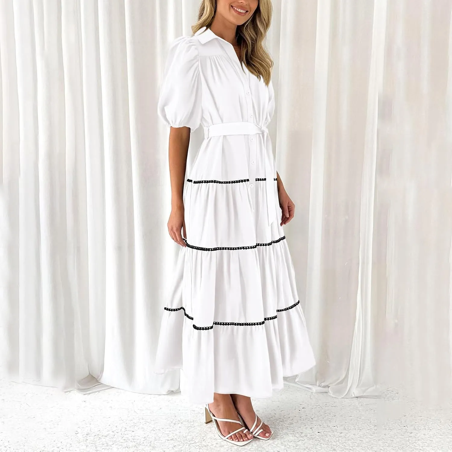 Women's Summer Button Down Shirt Dress Short Puffy Sleeve Tiered Ruffle Flowy Long Maxi Dresses Vocation Party Dress