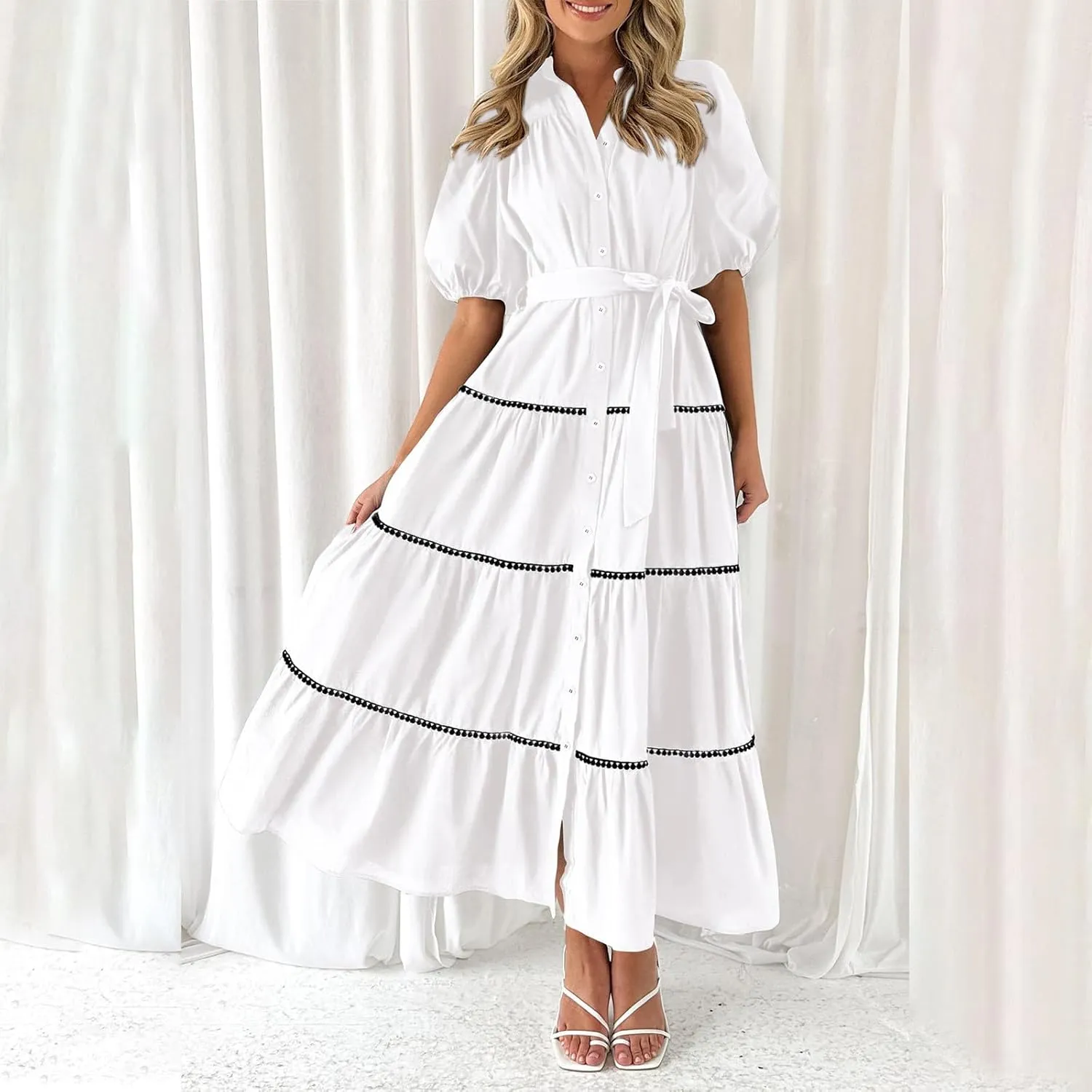Women's Summer Button Down Shirt Dress Short Puffy Sleeve Tiered Ruffle Flowy Long Maxi Dresses Vocation Party Dress