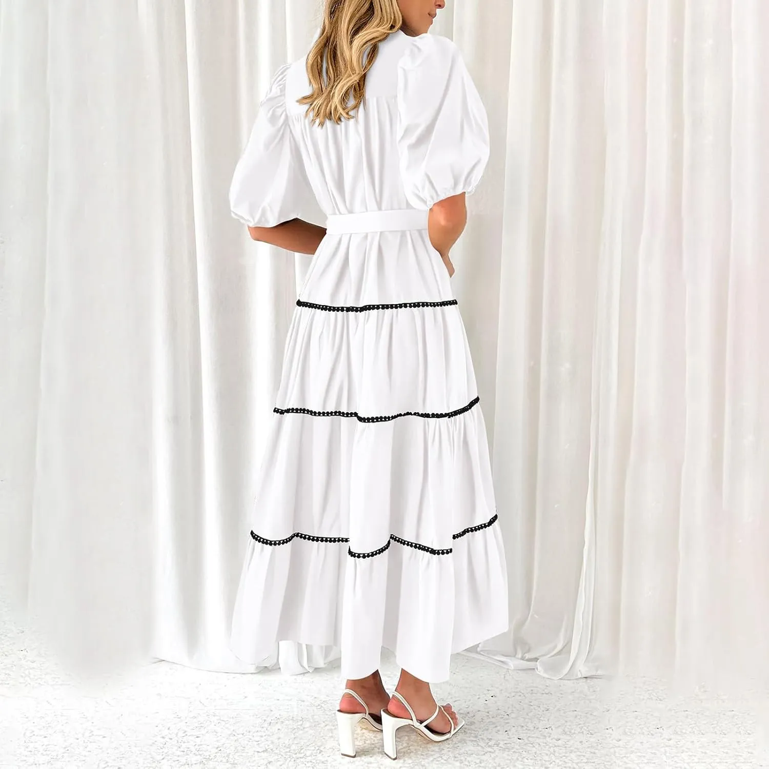 Women's Summer Button Down Shirt Dress Short Puffy Sleeve Tiered Ruffle Flowy Long Maxi Dresses Vocation Party Dress