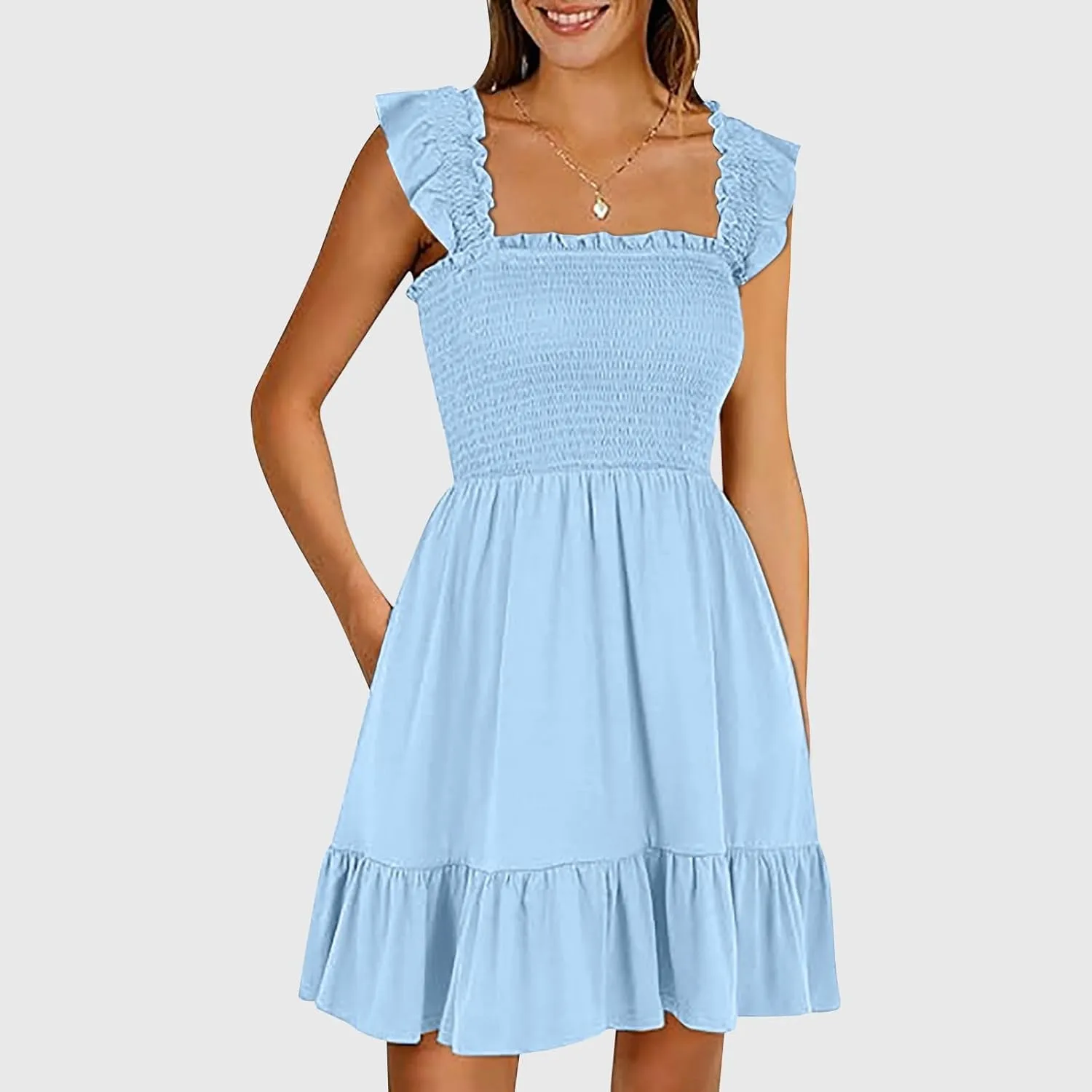 Women's Summer Casual Sleeveless Square Neck Dress Smocked Ruffle Backless Boho Beach Cute Teen Short Sundress 2025