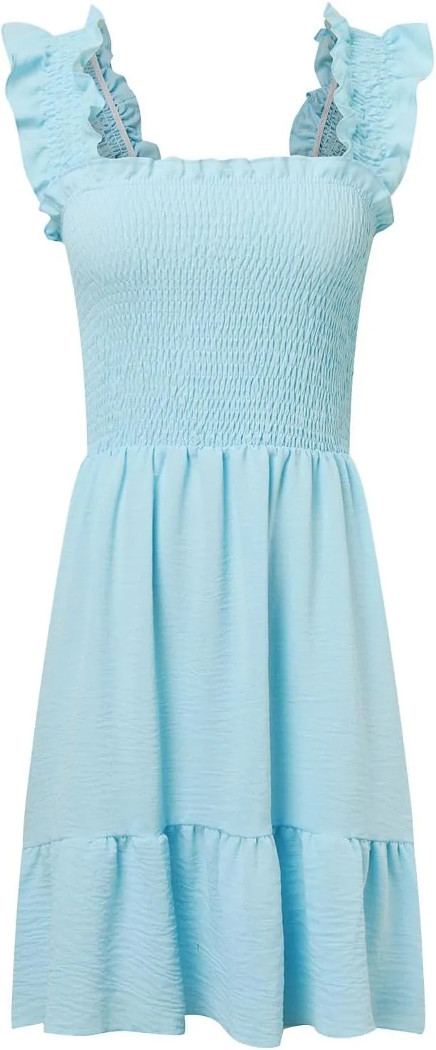 Women's Summer Casual Sleeveless Square Neck Dress Smocked Ruffle Backless Boho Beach Cute Teen Short Sundress 2025